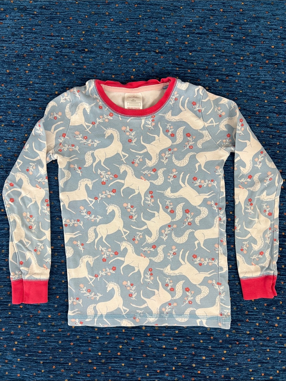 Mini Boden cornflower Blue Unicorn Print Long Sleeve PJ top with red Trim size